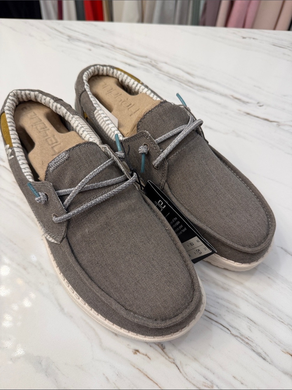 Hey Dude Gray Canvas Slip-On Loafers with Teal Accents